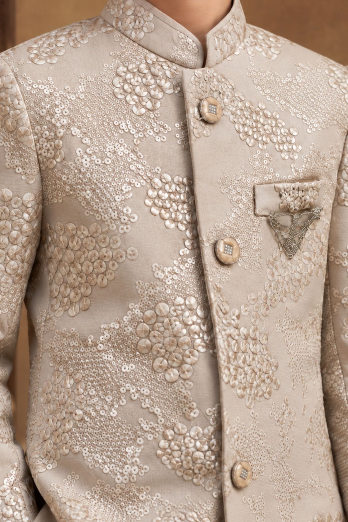 Fawn Sequin Embroidered Sherwani Set With  Pants For Boys
