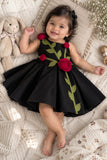 Girls Black 3D Rose Applique Party Wear Frock