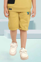 Mustard Yellow Printed Hoodie With Shorts Set For Boys