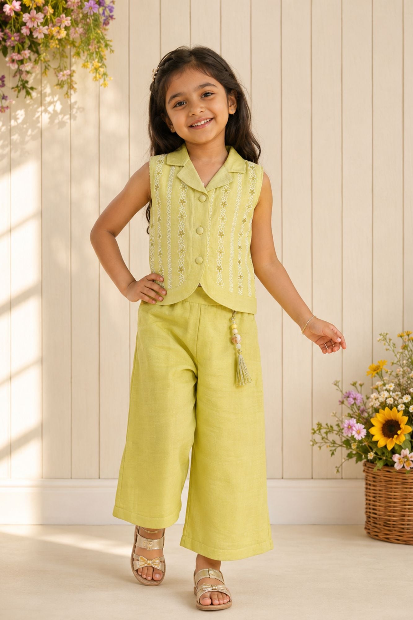 Lime Green  Waistcoat Top & Wide-Leg Co-Ord Set