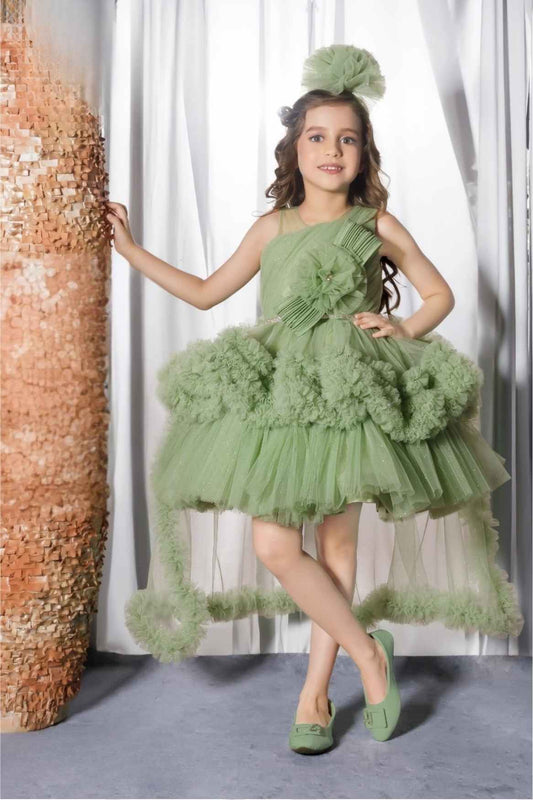 Green Floral Embellished Party Wear Tailback Frock For Girls