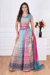 Multicolor Mirror Work And Printed Lehenga Choli Set For Girls