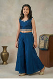 Blue Embroidered Palazzo Set With Jacket for Girls