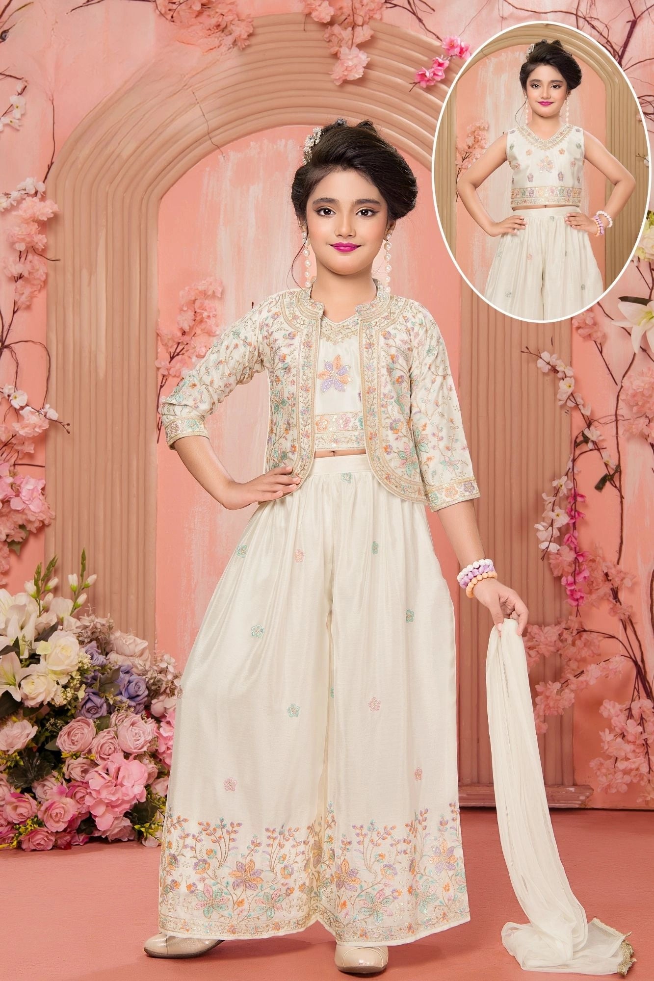 Cream Embroidered 3-Piece Palazzo Set for Girls