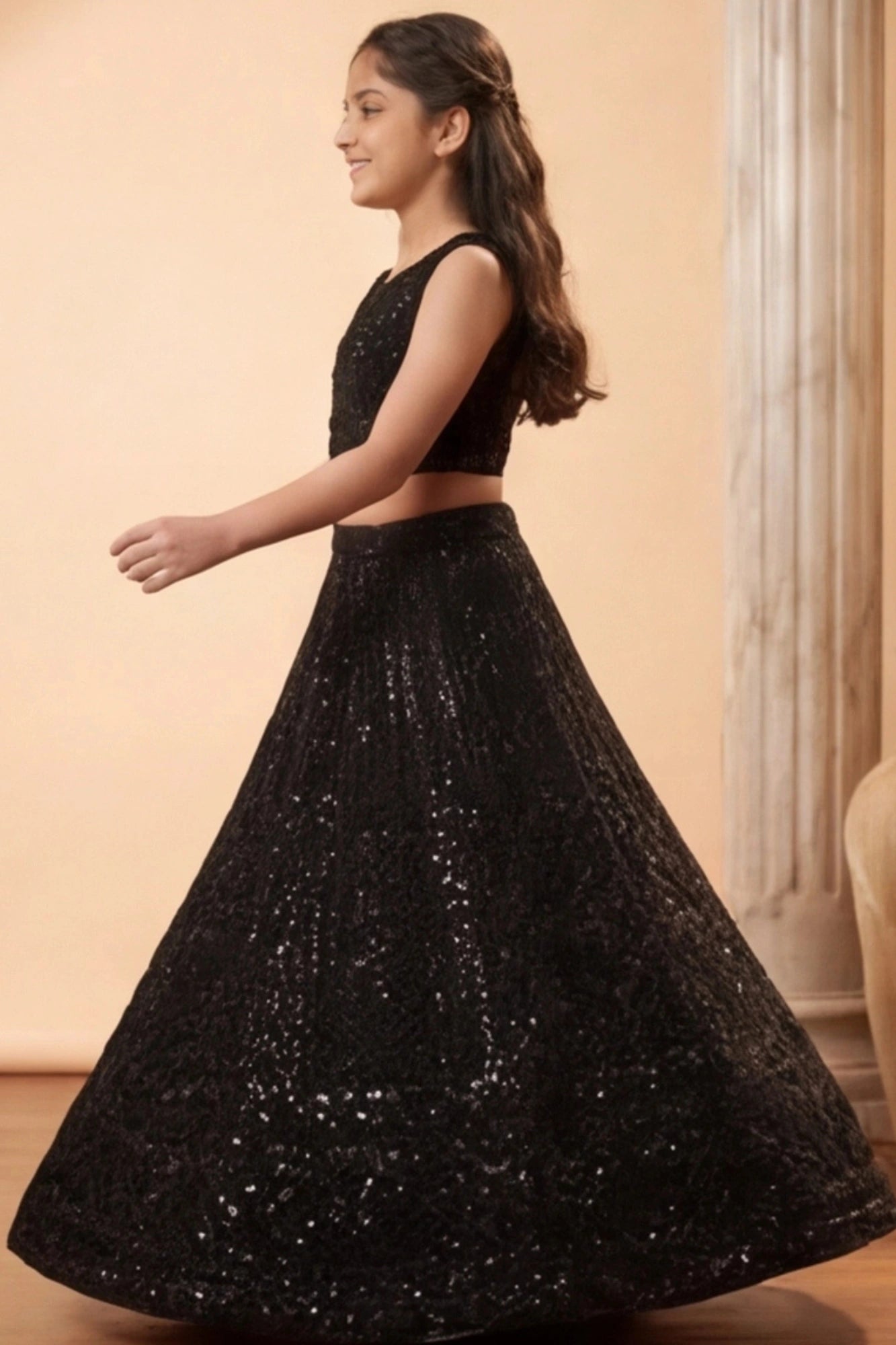 Black Sequin Embroidered Lehenga Set For Girls