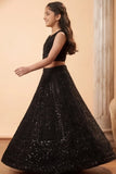 Black Sequin Embroidered Lehenga Set For Girls