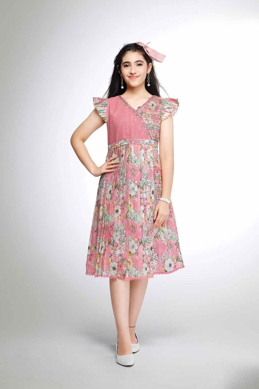 Pink Sequins Work And Floral Printed Causal Dress For Girls