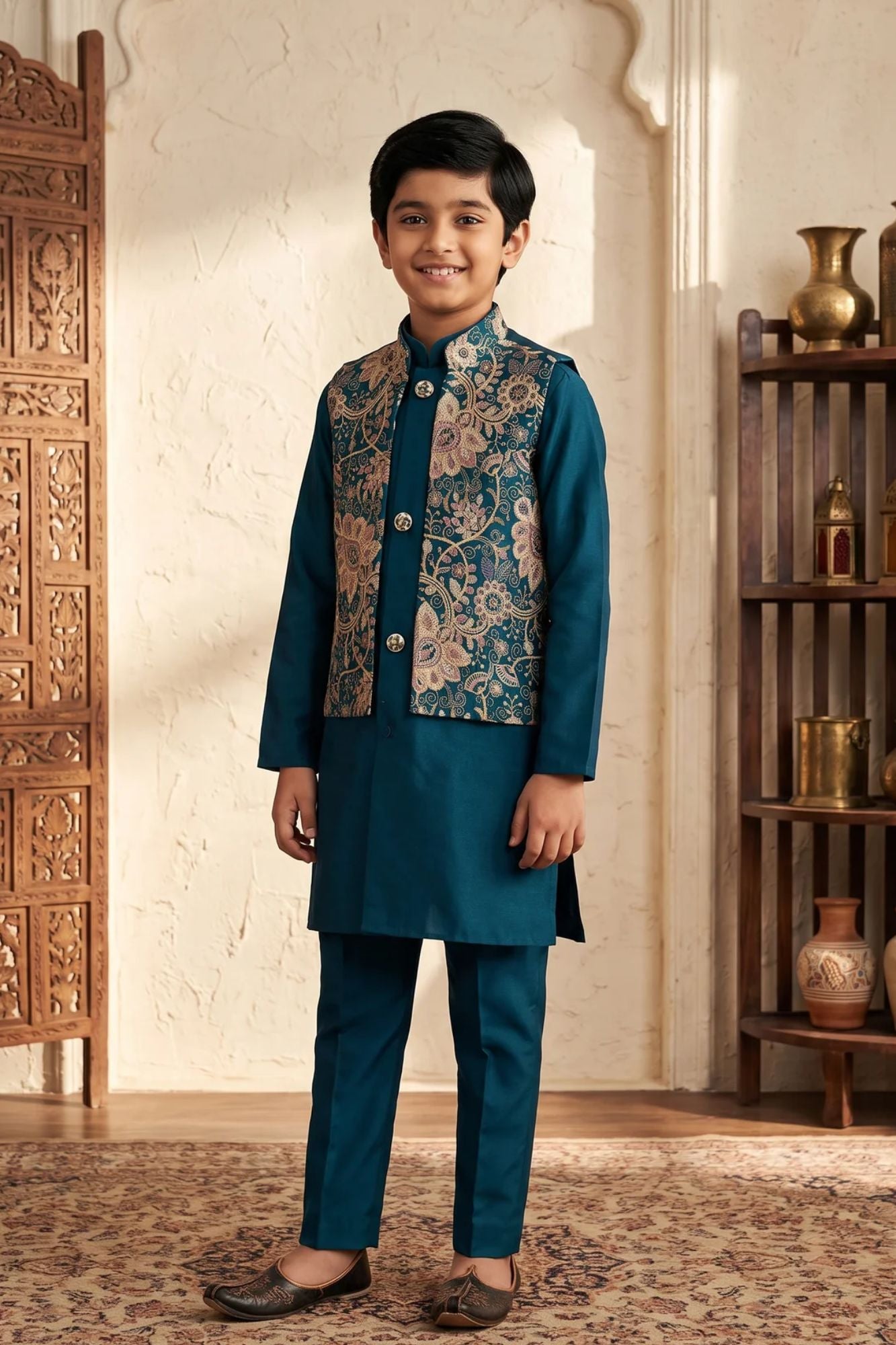 Boys Blue Floral Embroidered Kurta Set With Nehru Jacket