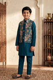 Boys Blue Floral Embroidered Kurta Set With Nehru Jacket