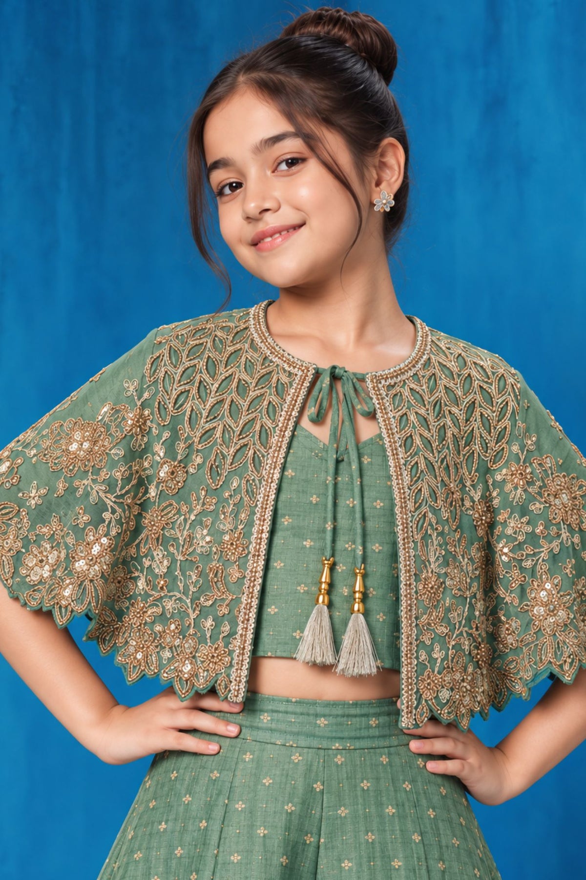 Girls Sage Green Floral Embroidered Palazzo Set With Jacket And Dupatta