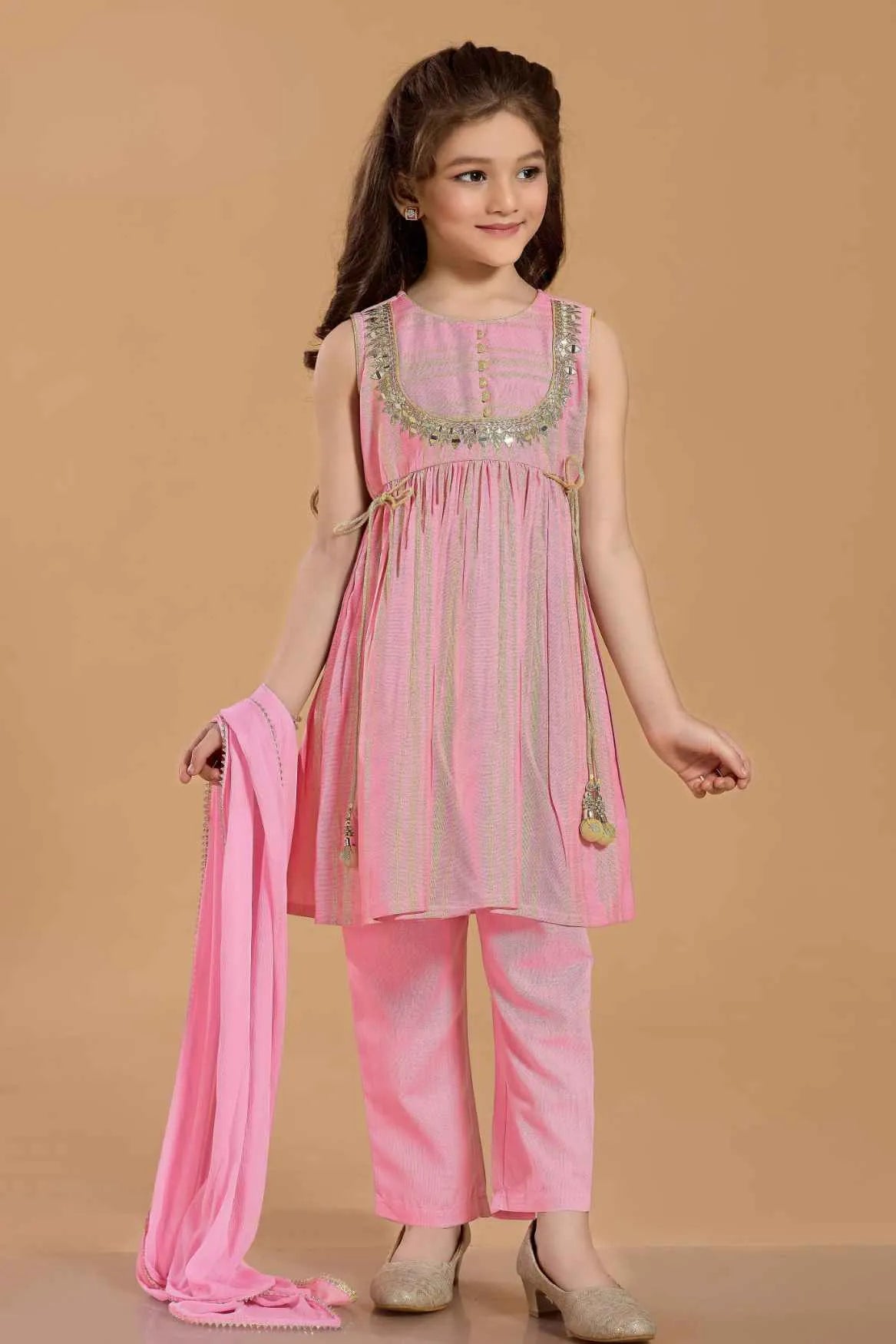 Pink Kurta Set with Golden Stripes And Tassel Dupatta For Girls