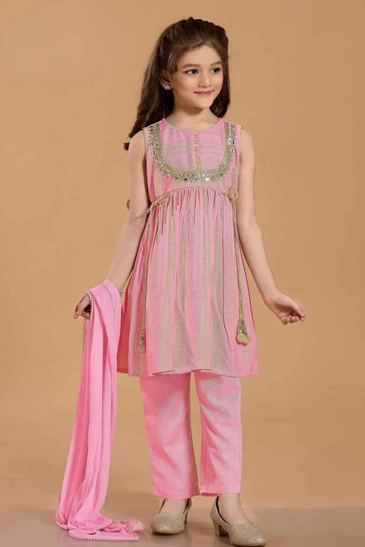 Pink Kurta Set with Golden Stripes And Tassel Dupatta For Girls