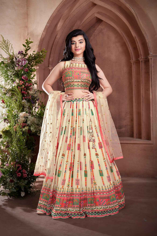 Cream Printed Sequin And Embroidered Lehenga Choli For Girls