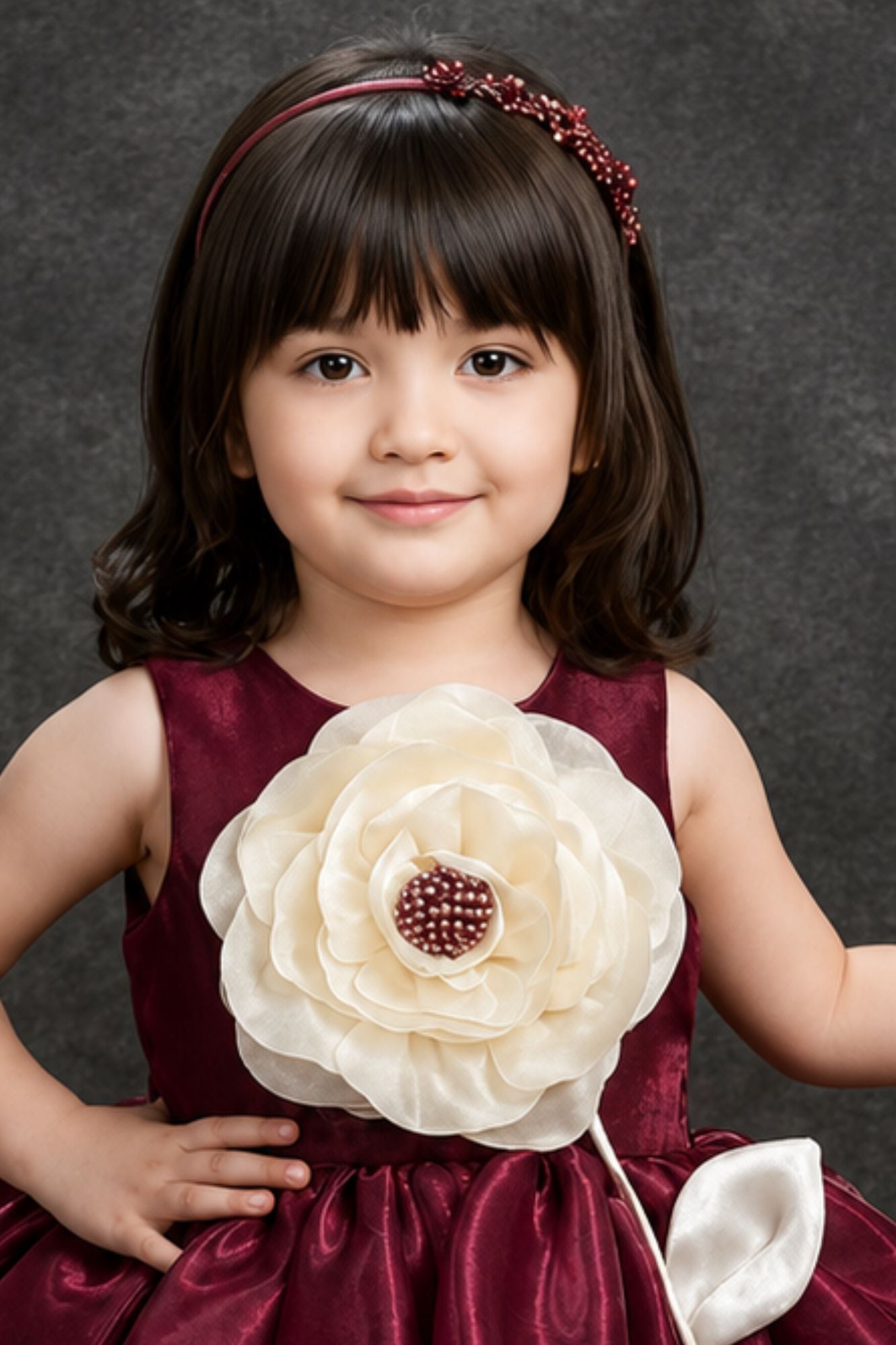 Wine Party Wear Frock With Beige 3D Floral Applique