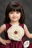 Wine Party Wear Frock With Beige 3D Floral Applique