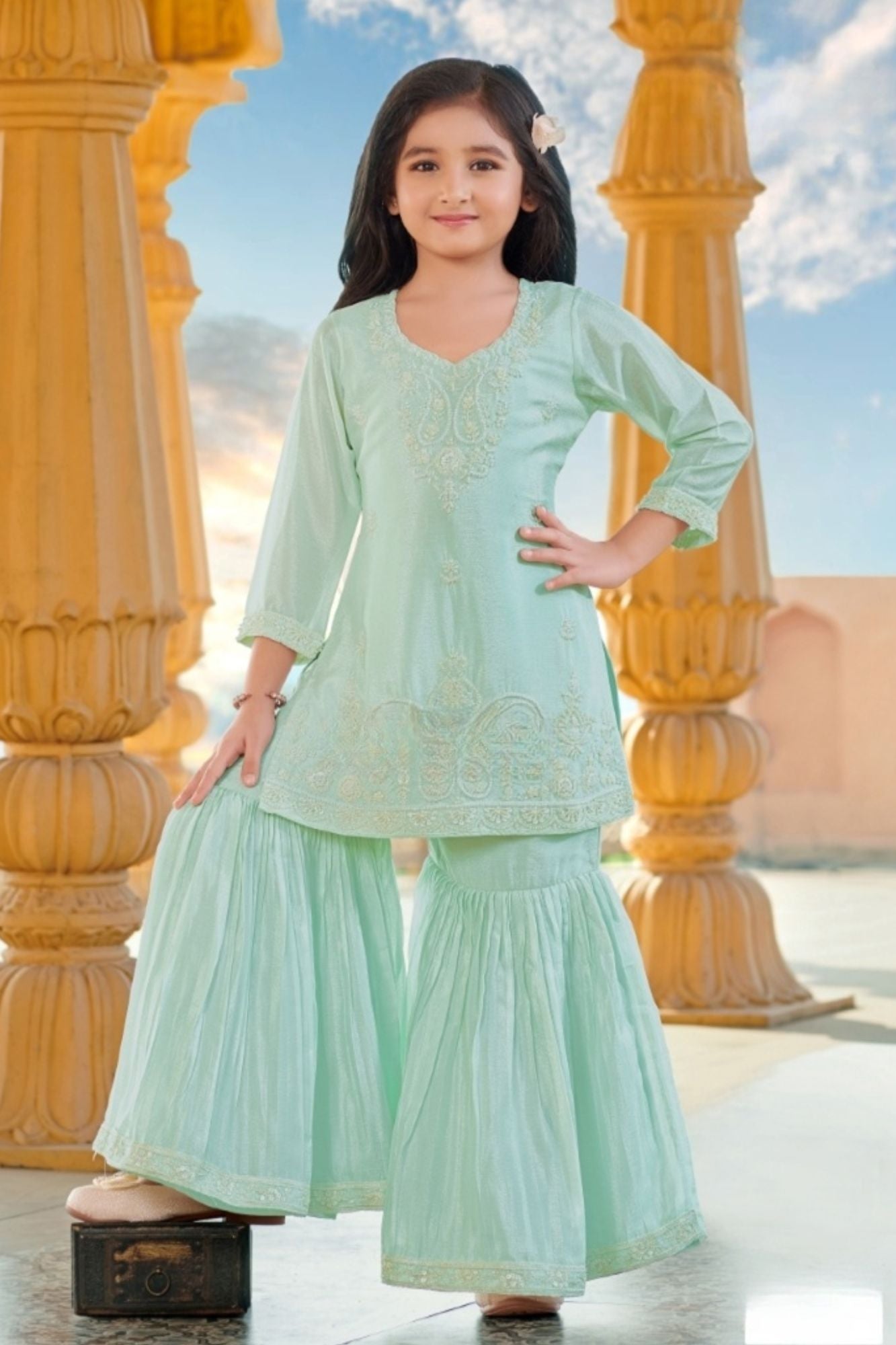 Sea Green Embroidered Sharara Set For Girls