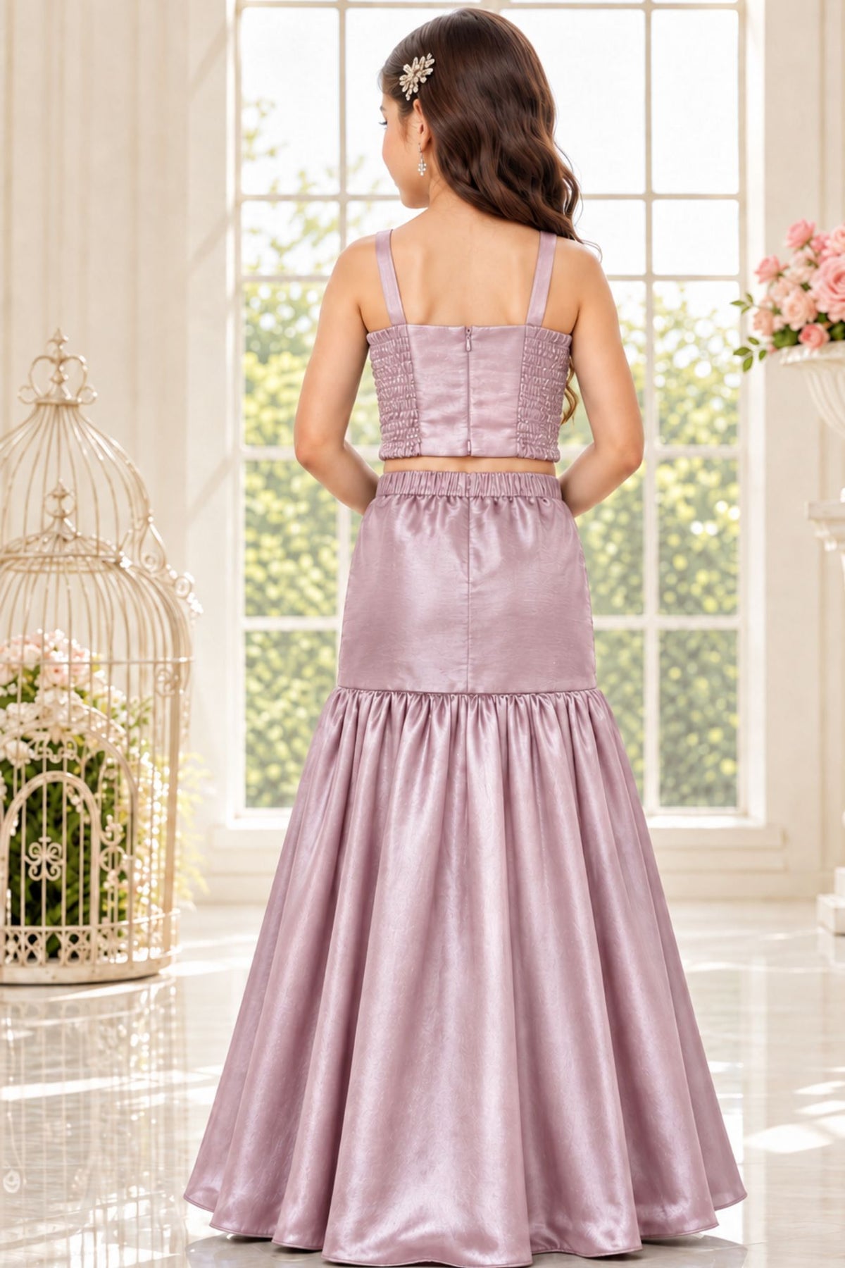 Pastel Pink Sequin Embellished Mermaid Lehenga Set For Girls