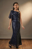 Blue Sequin Embellished One-Shoulder Party Wear Gown For Girls