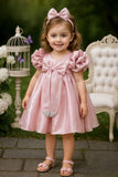 Onion Pink Puff Sleeve And Bow Embellished Frock For Girls