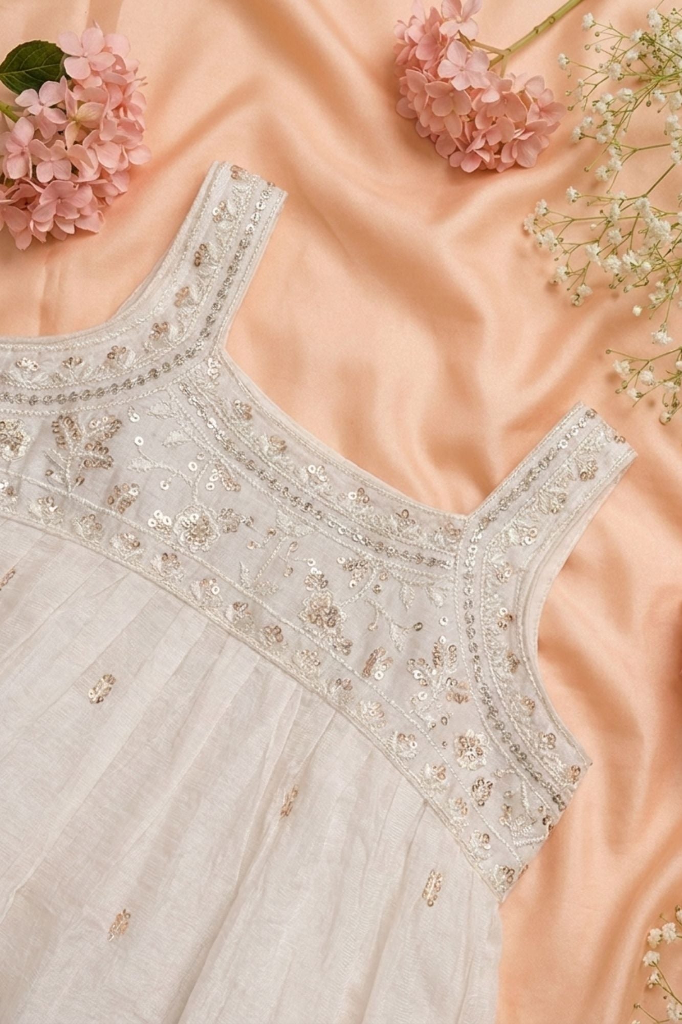 White Palazzo Set With Gold Sequin Embroidery for Girls