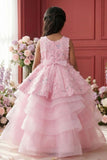 Girls Pink Layered Party Wear Gown with Floral Embroidery And Statement Bow