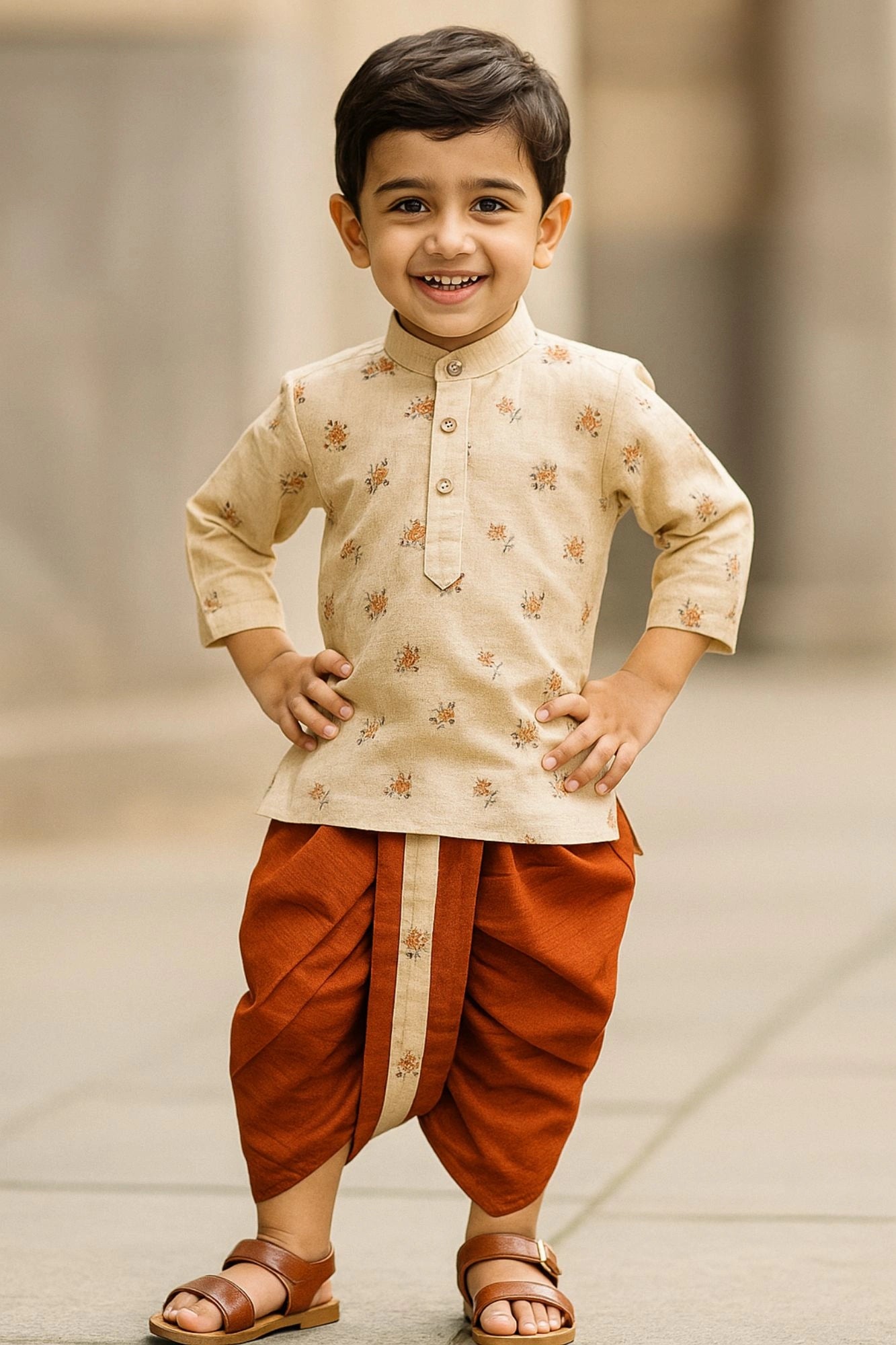 Cream and Rust Orange Printed Kurta with Dhoti Set For Boys