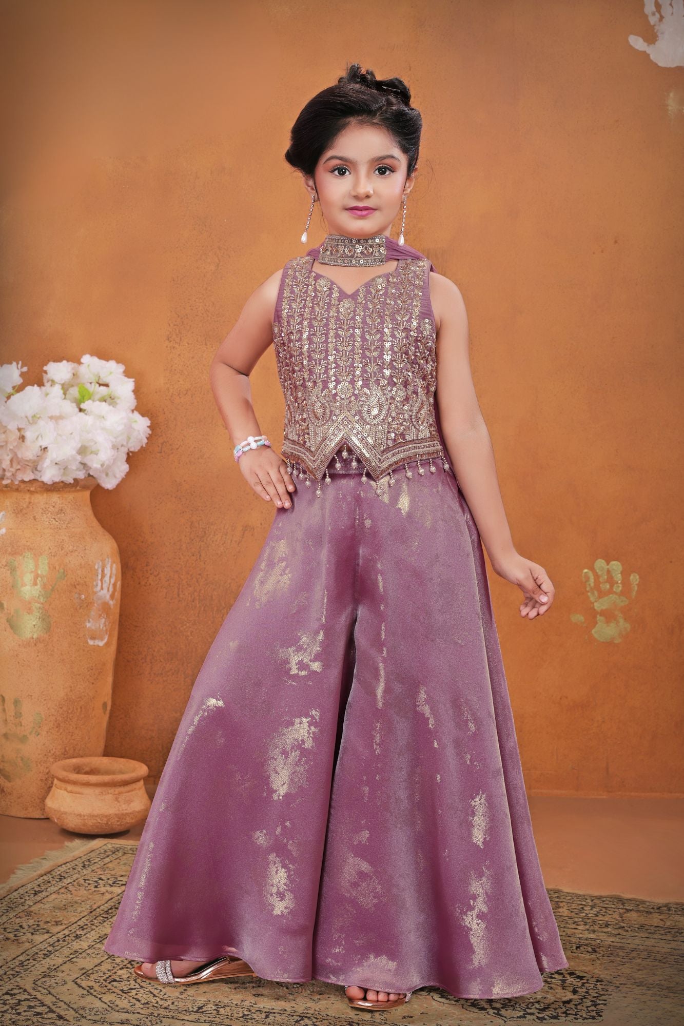 Girls Lavender Embroidered Palazzo Set With Dupatta