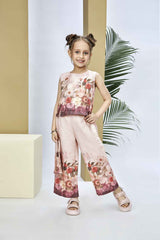 Beige Floral Printed Co Ord Set With Flared Pants And Matching Handbag For Girls