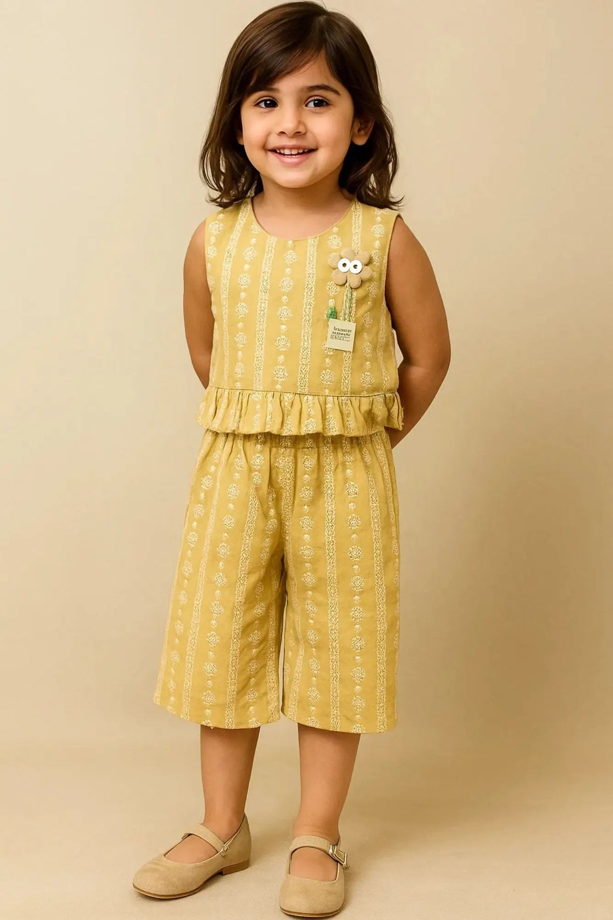 Mustard Hakoba Co-ord Set With Frill Detail For Girls