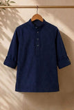 Blue Geometric Thread Embroidered Pure Linen Kurta