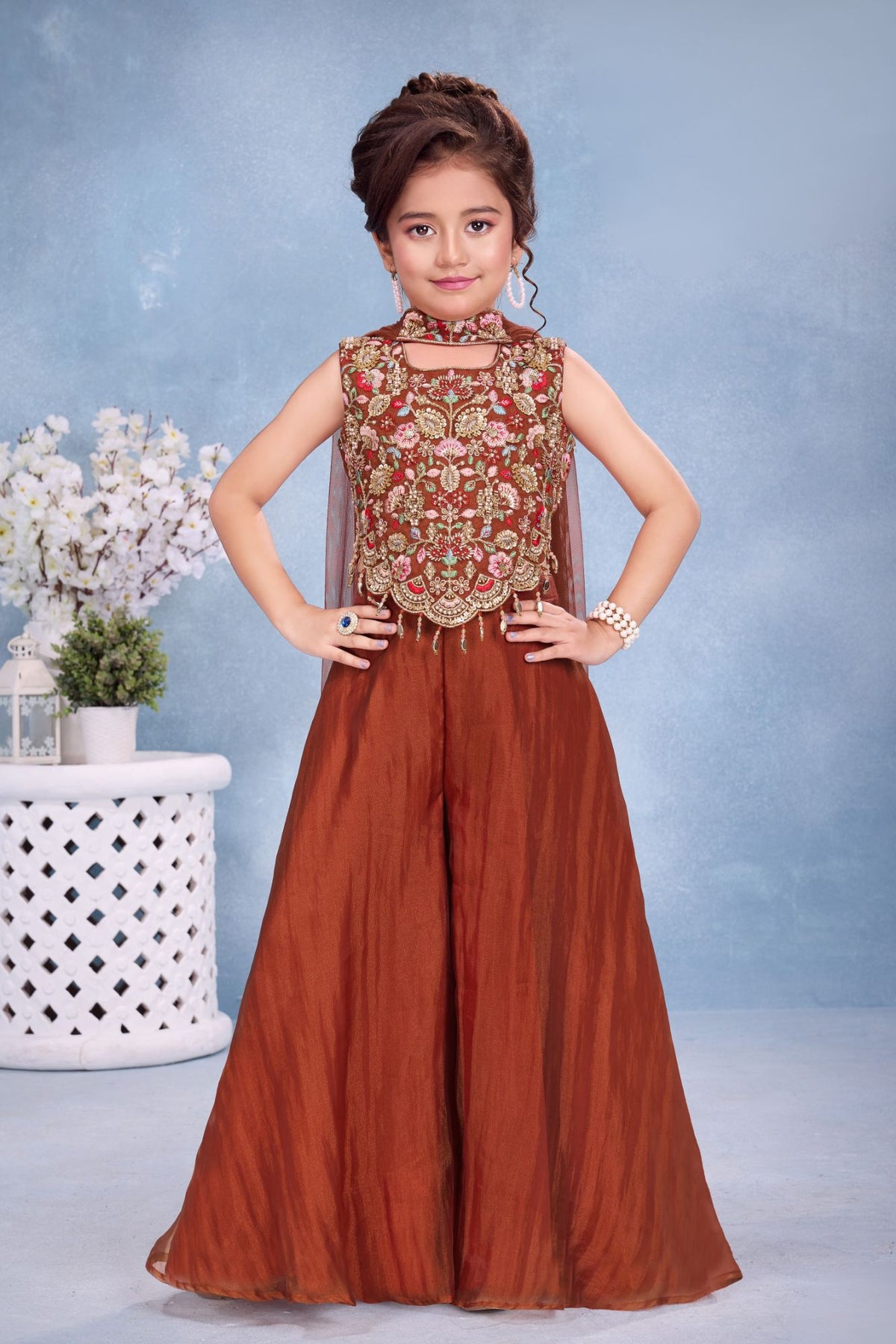 Girls Rust Orange Embroidered Palazzo Set With Dupatta