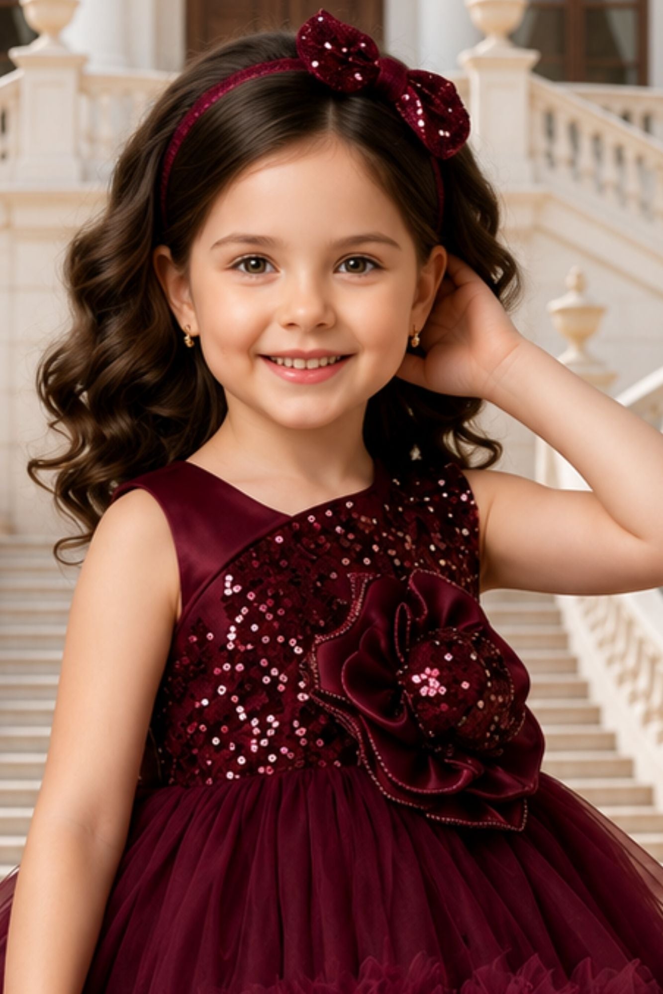 Girls Maroon Sequin Layered Ruffle Tailback Party Wear Frock With 3D Floral Detailing