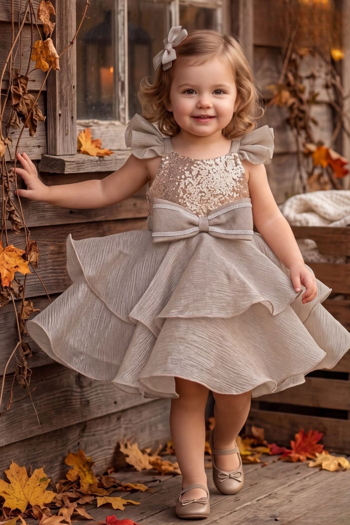 Girls Grey Sequin Layered Party Frock With Bow Detailing