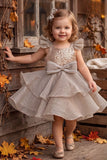 Girls Grey Sequin Layered Party Frock With Bow Detailing