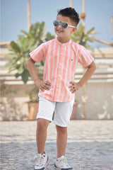 Peach Striped Shirt With White Shorts Set For Boys