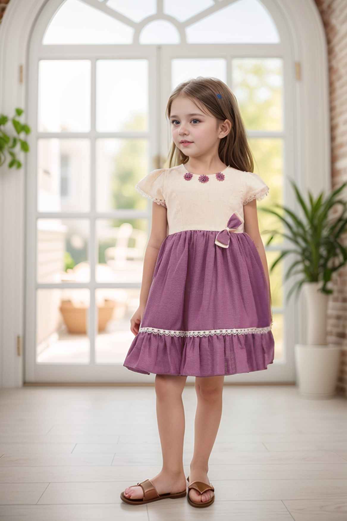 Purple Floral And Bow Embellished Casual Dress For Girls