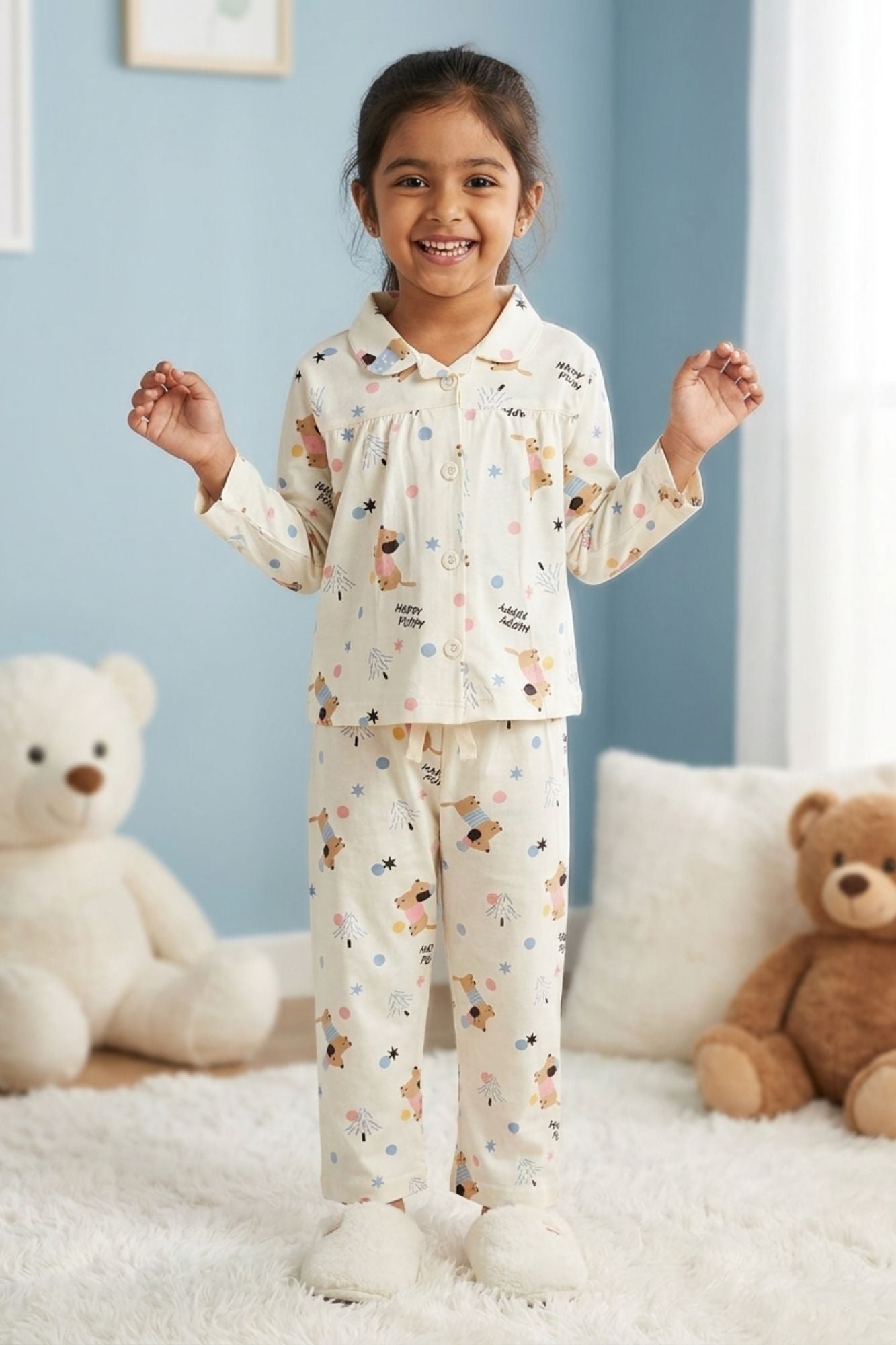 Girls Cream Teddy Bear Print  Night Suit Set