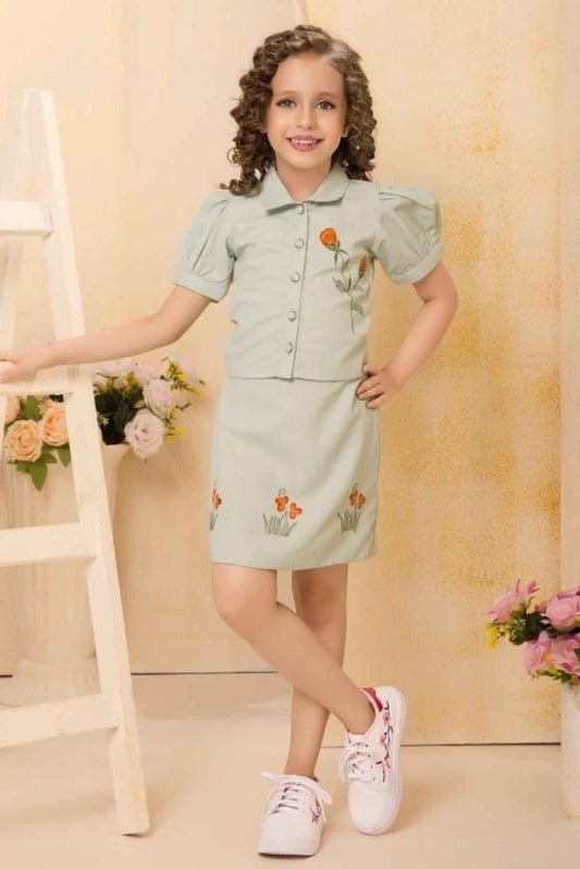 Pista Green Floral Embroidered Shirt And Skirt Set For Girls