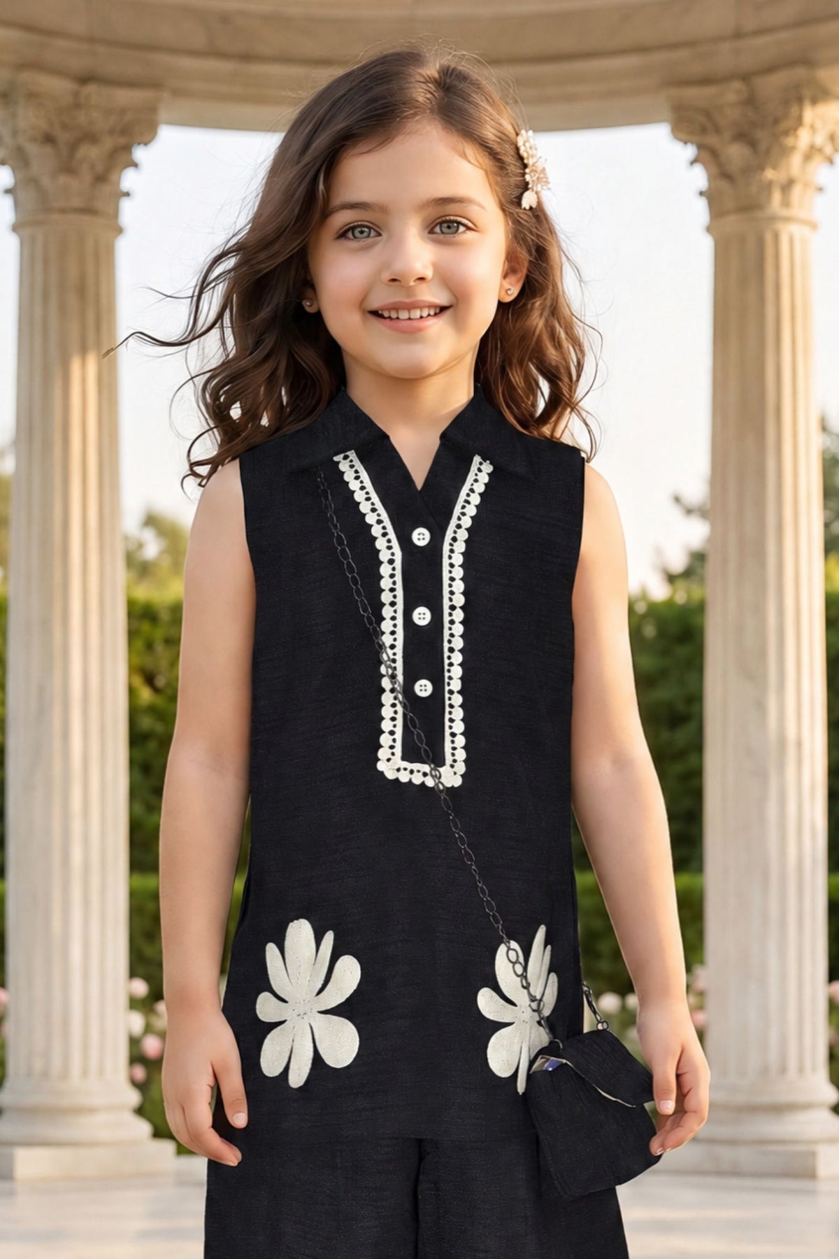Black & White Floral Embroidered Sleeveless Co-ord Set For Girls