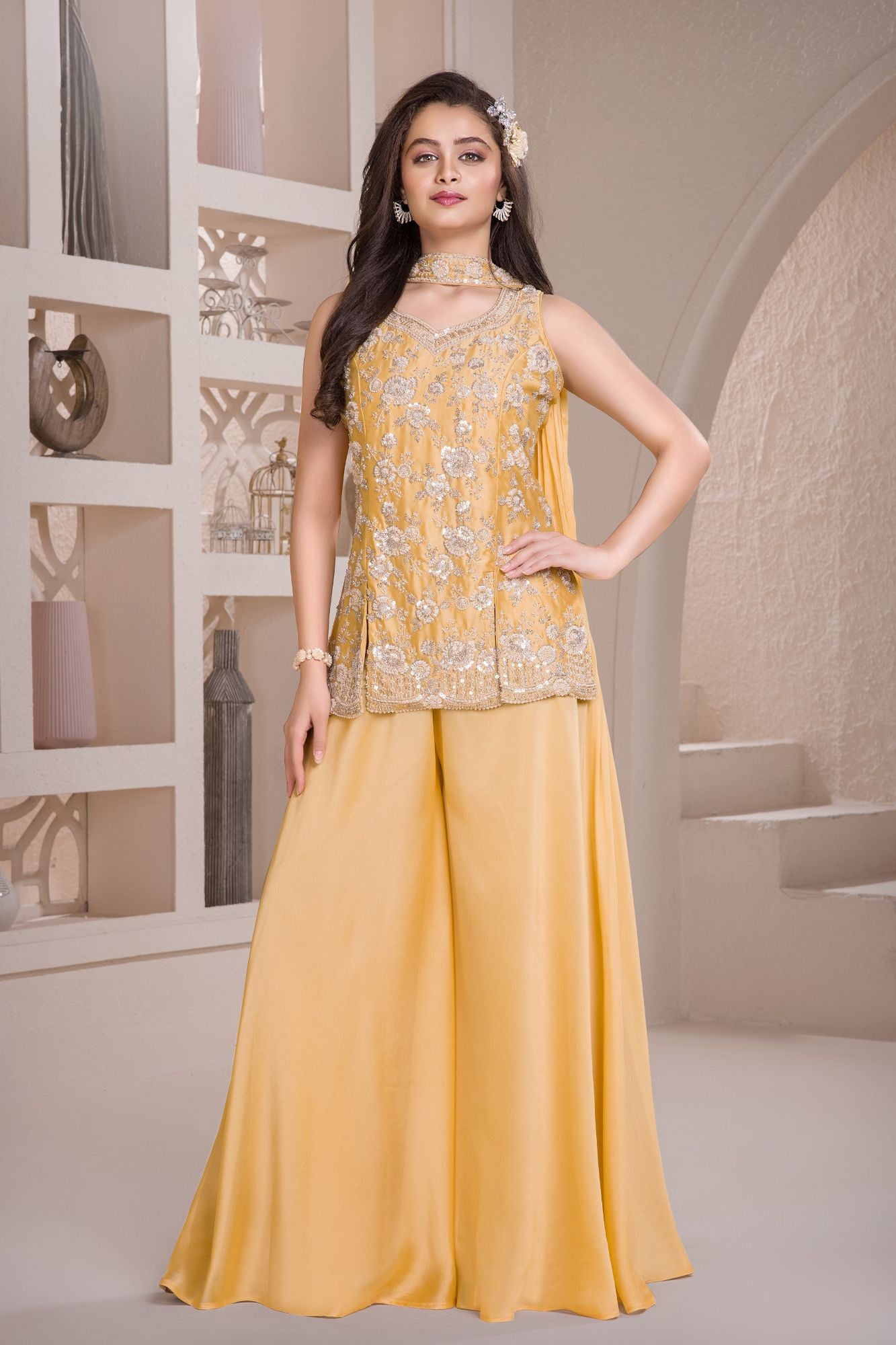 Yellow Embroidered Georgette Palazzo Set For Girls