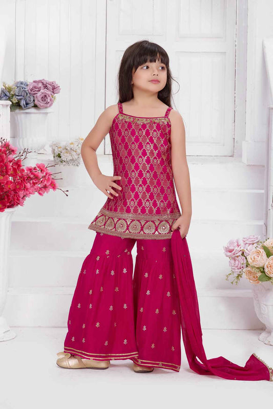 Rani Pink And Gold Foil Printed Sharara Set For Girls