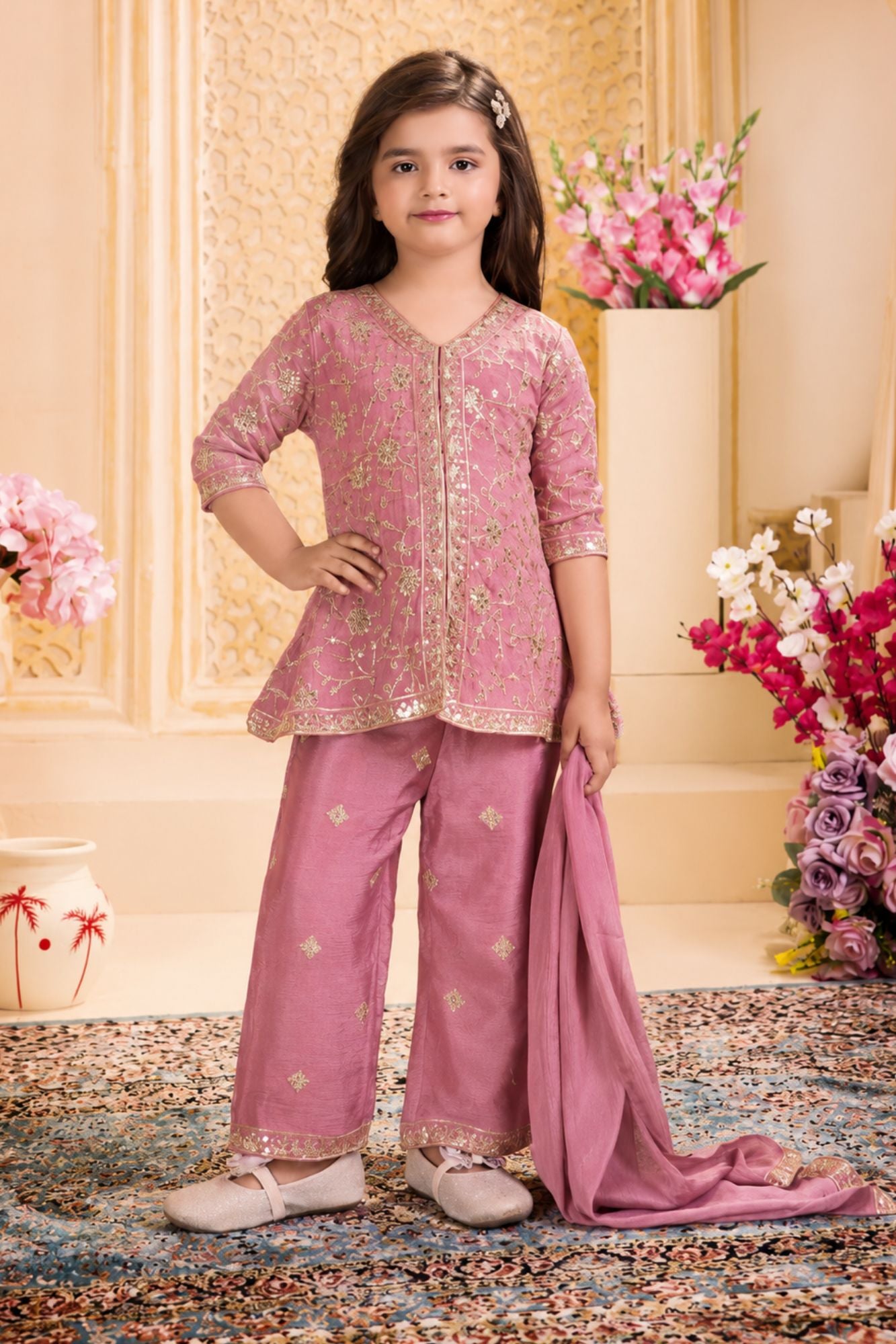 Mauve Delicate Floral Vine Embroidered Palazzo Set with Dupatta