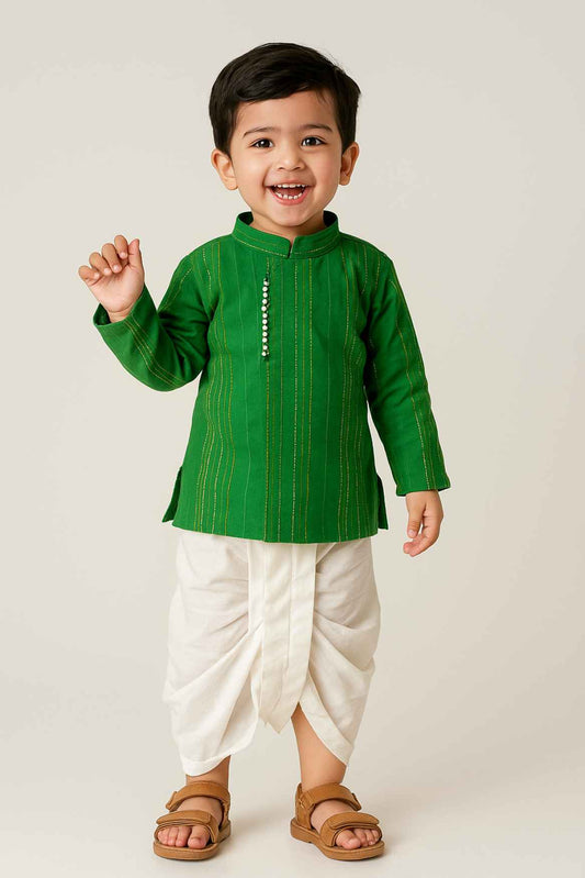 Festive Green Kurta And White Dhoti Set With Bead Detailing For Boys