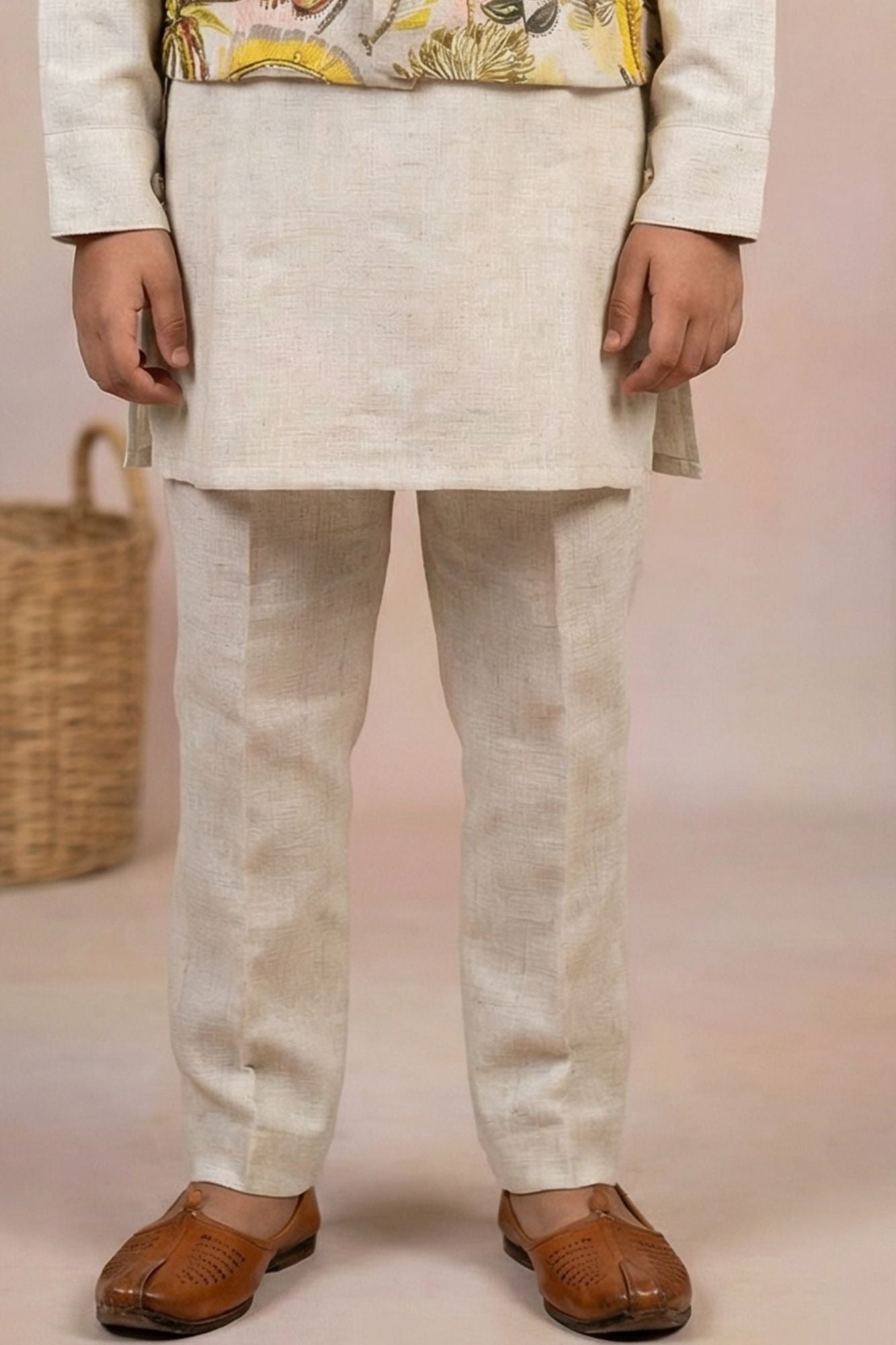Beige Kurta Set  With Tropical Print Nehru Jacket For Boys
