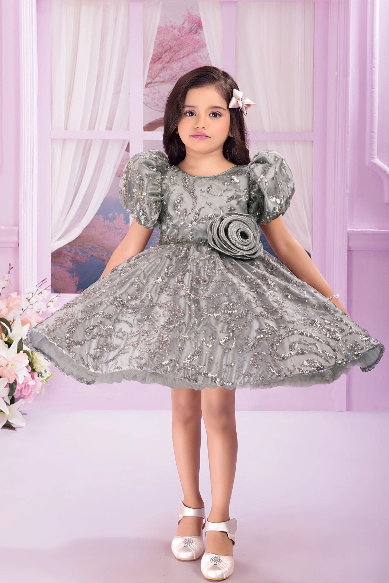 Grey Sequin Puff-Sleeve Party Frock With 3D flower Applique For Girls