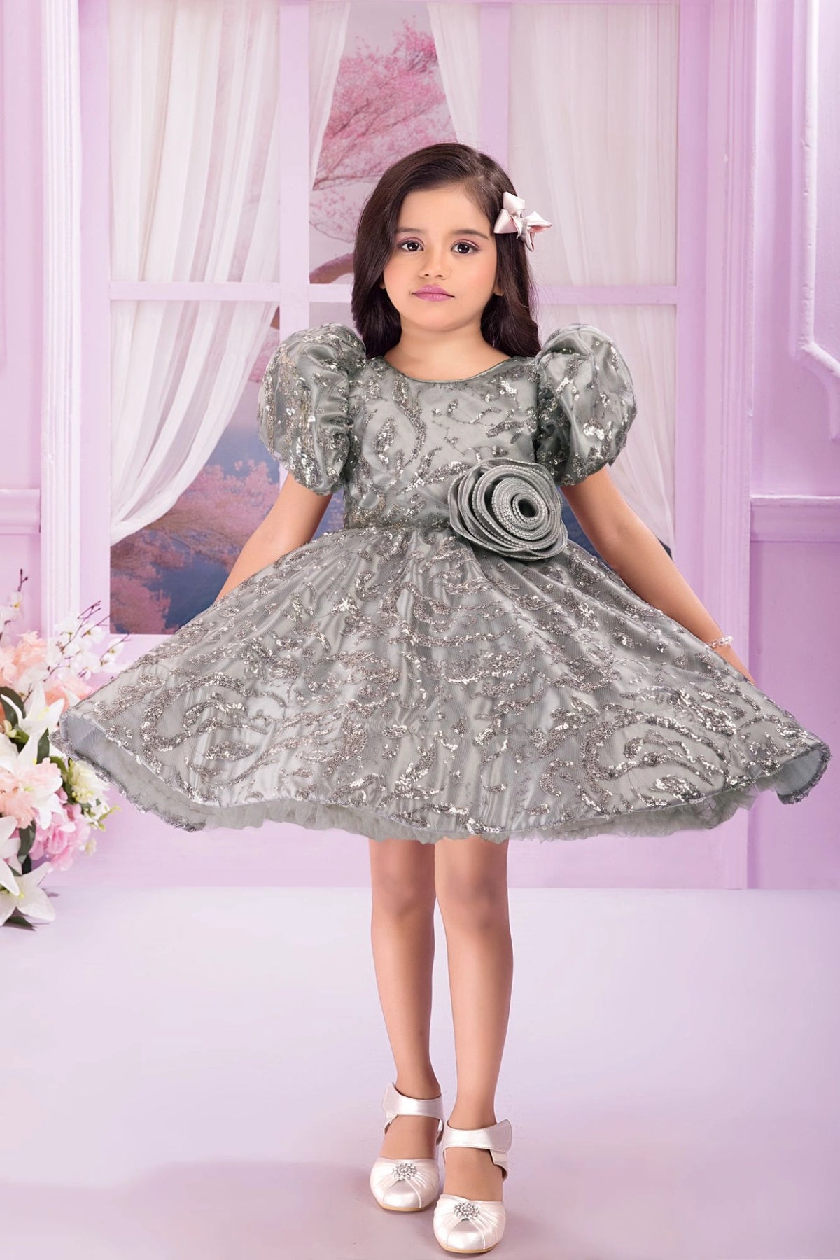 Grey Sequin Puff-Sleeve Party Frock With 3D flower Applique For Girls