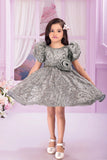 Grey Sequin Puff-Sleeve Party Frock With 3D flower Applique For Girls
