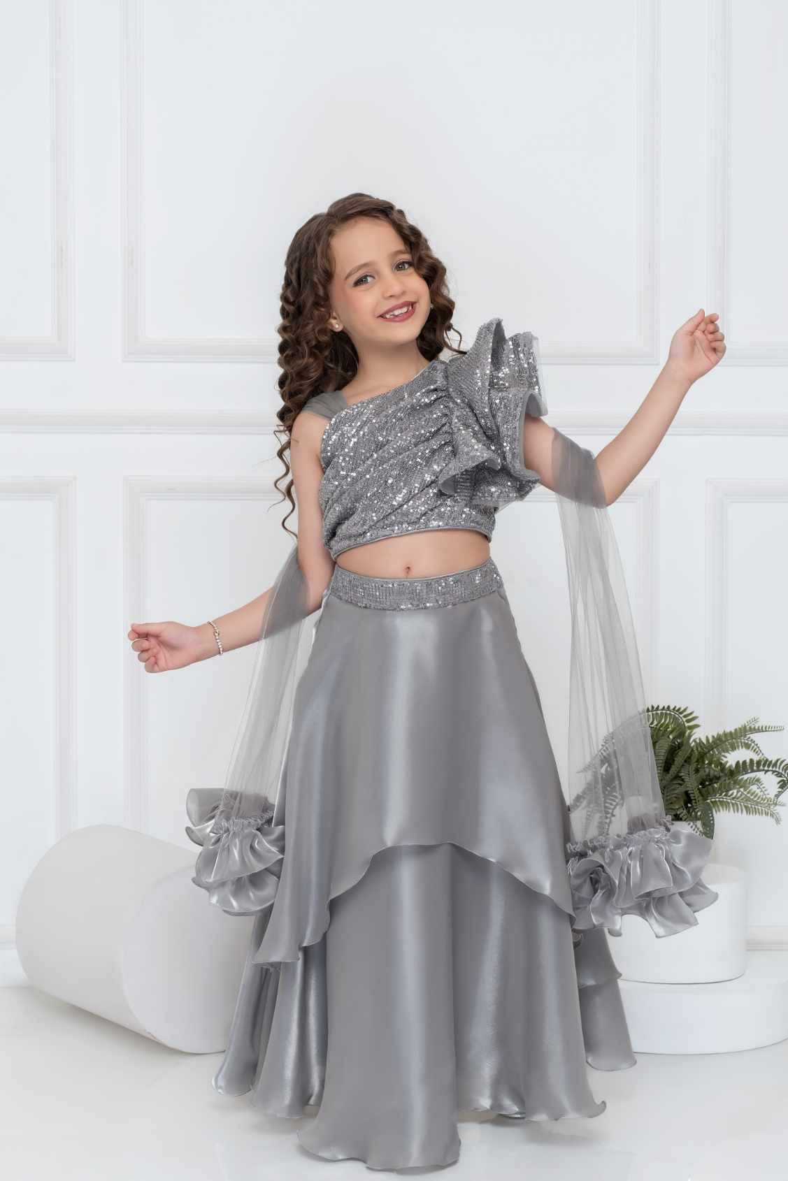 Silver Organza Lehenga Choli And Dupatta For Girls