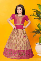 Maroon Silk Pattu Pavadai With Gold Foil Print For Girls