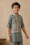 Pastel Green Embroidered Kurta Set with Nehru Jacket For Boys